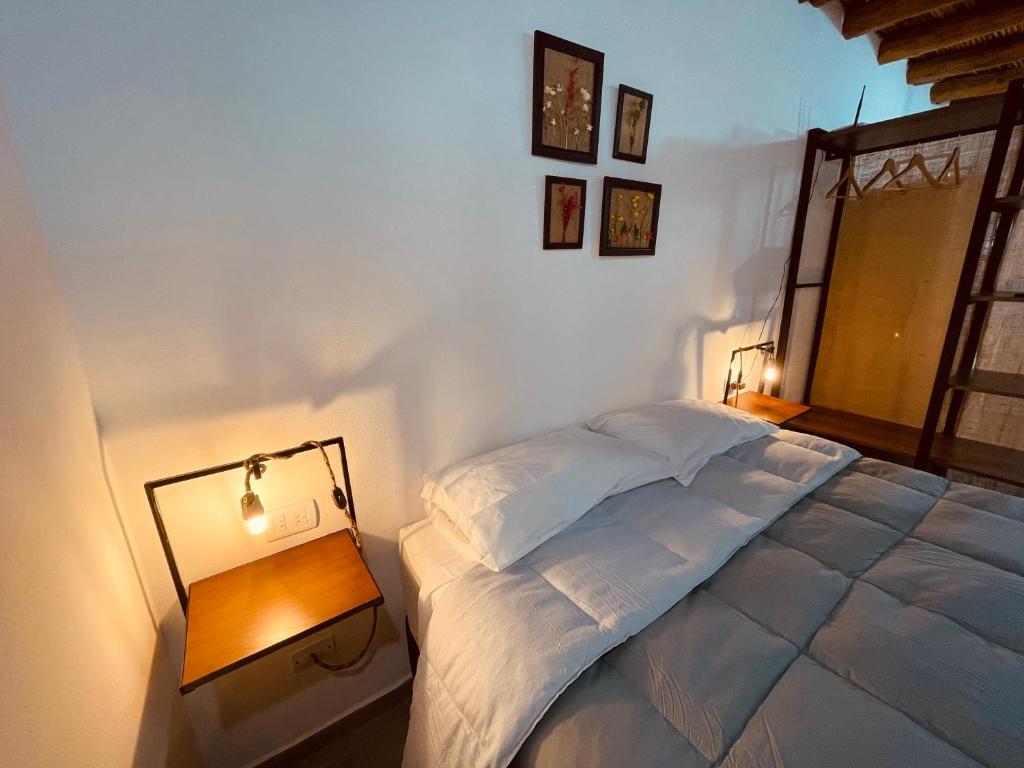 乌尼翁镇Monoambientes El viejo Olivo的一间卧室配有一张大床和一张带台灯的桌子