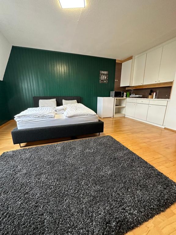 林茨Linz -central condo的一间卧室设有一张床和绿色的墙壁