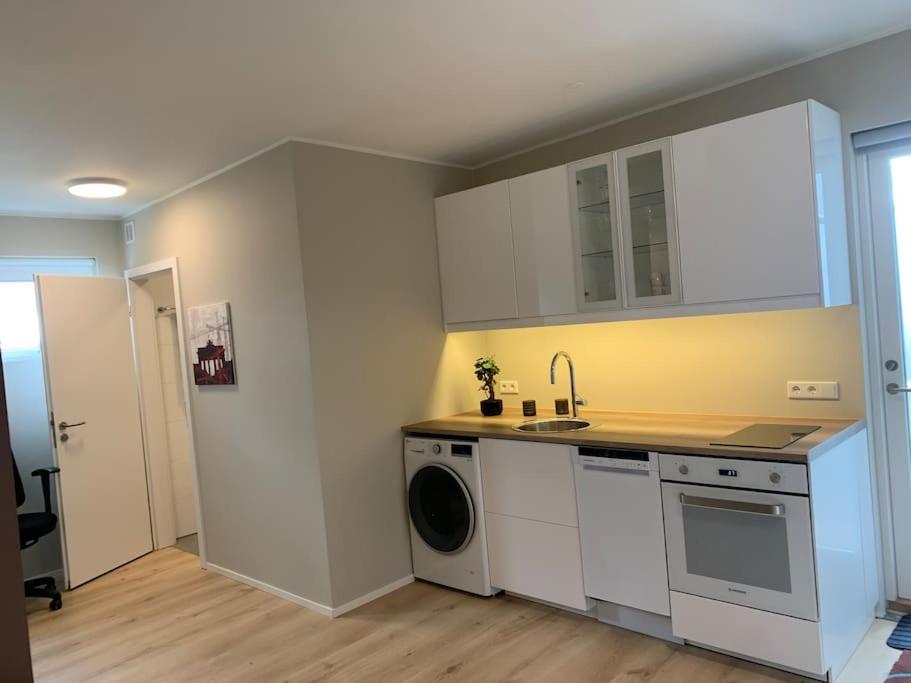 雷克雅未克Cosy modern apartment for up to 4 !的厨房配有白色橱柜、洗衣机和烘干机