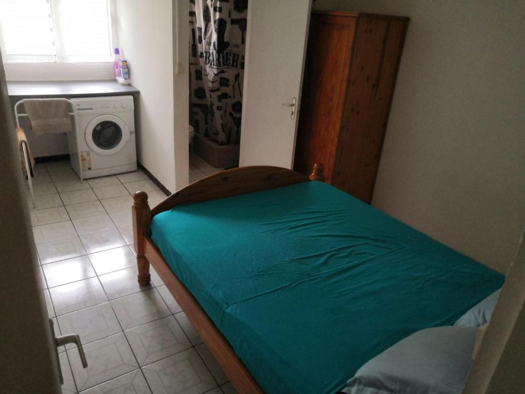 圣丹尼斯Appartement idéalement situé的小房间,配有一张绿床单