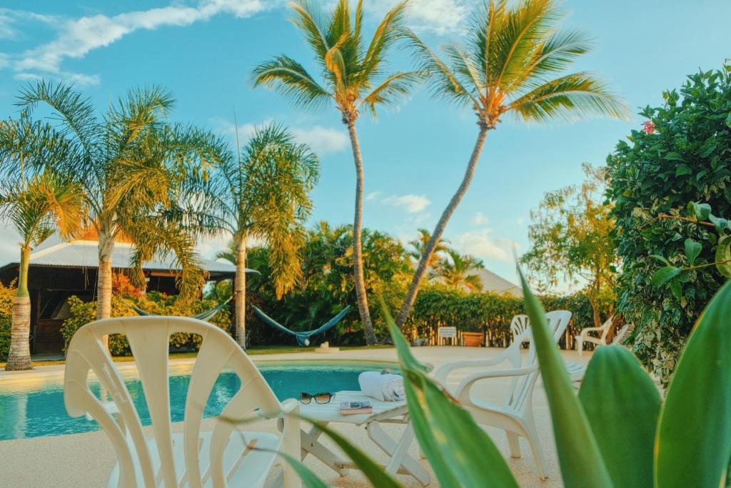 圣勒LES PECHEURS DU LAGON的一个带椅子和棕榈树的度假游泳池