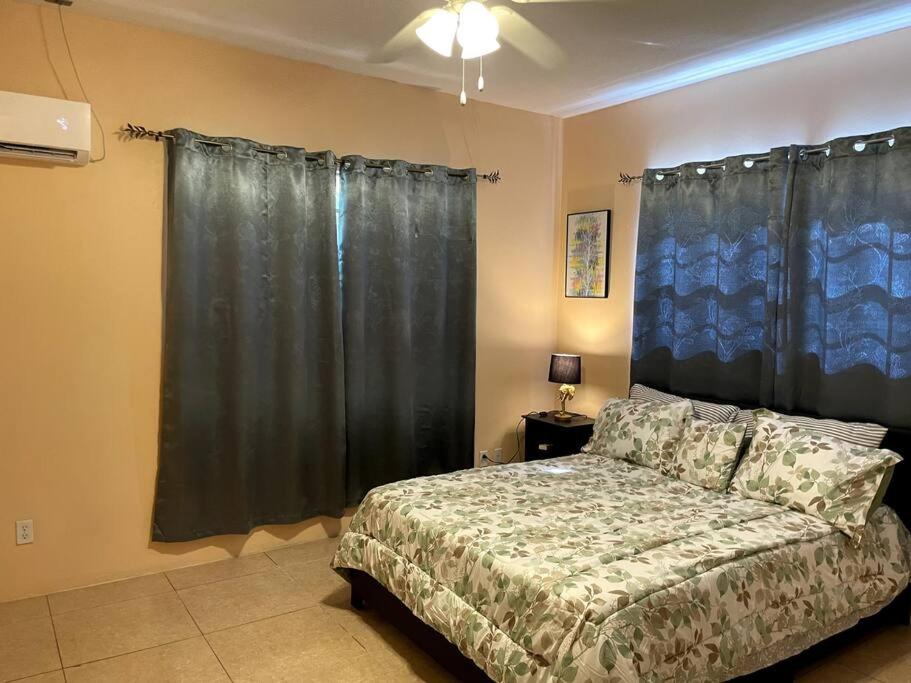 拿骚Paradise Haven的一间卧室配有床和黑色窗帘