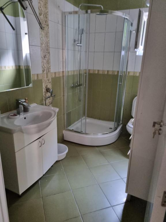 斯韦蒂·斯特凡拉雷斯公寓酒店的带淋浴、盥洗盆和卫生间的浴室