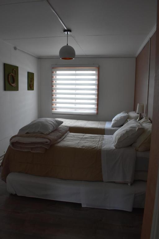 纳塔列斯港Casa Entre Ulmos y Lengas的一间卧室设有一张大床和一个窗户。
