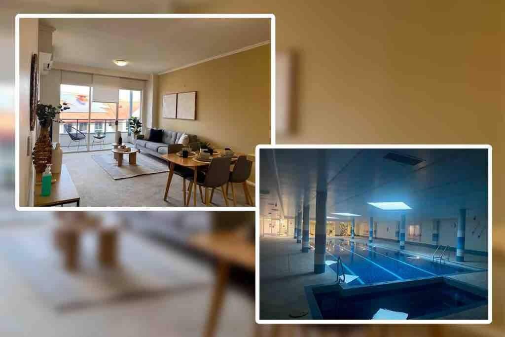 悉尼Apartment in Chiswick with Pool, sauna & Gym的客厅和游泳池的两张照片