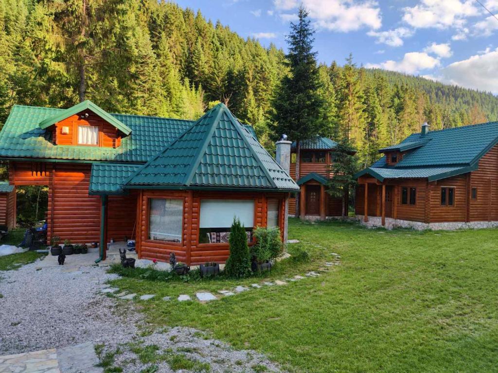 RožajeBrvnara Ibar的庭院中带绿色屋顶的小木屋