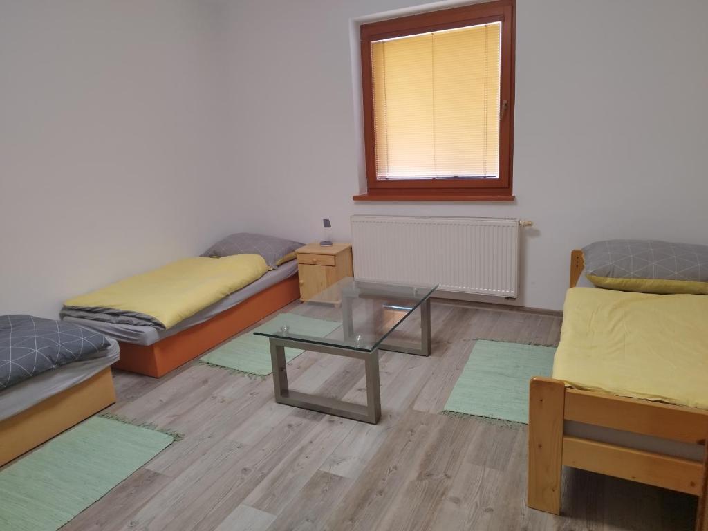 BadínUbytovanie Vo dvore的客房设有两张床、一张桌子和一扇窗户。
