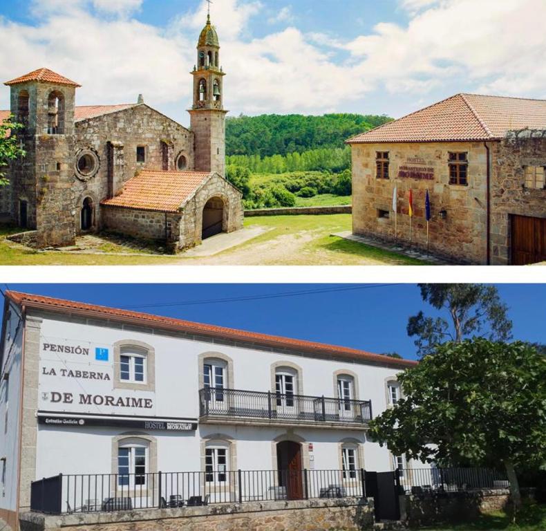 穆希亚Monasterio y Pensión de Moraime的一座古老的建筑和一座塔楼