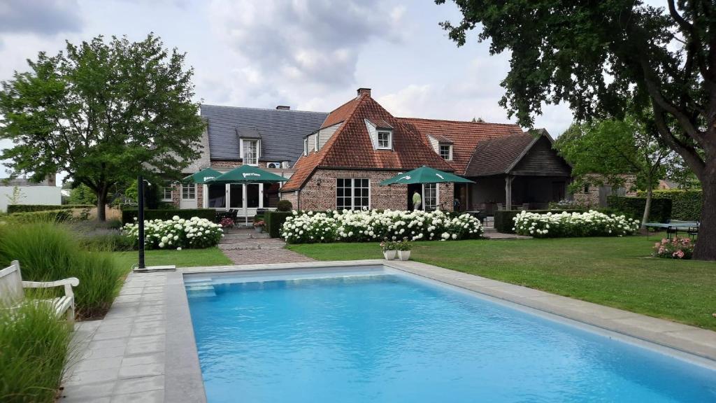 BalenVakantiehuis Rosselaer的房屋前有游泳池的房子