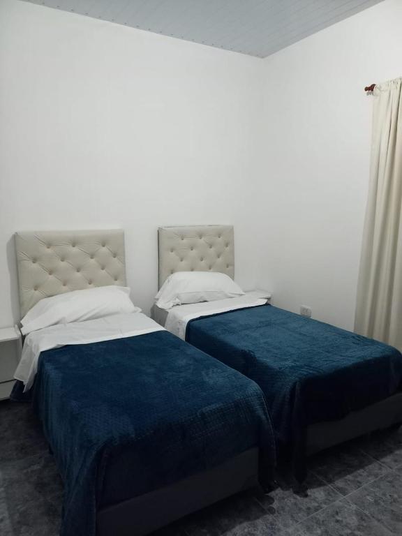 福尔摩沙Portal del Rio的一间卧室配有两张蓝色床单