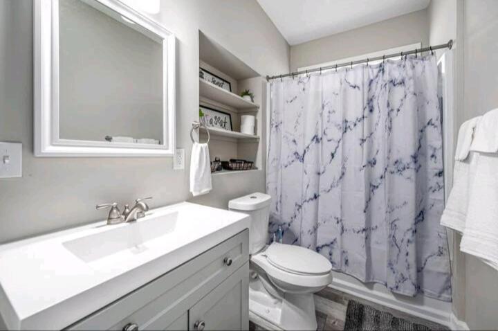 落基山Beautiful home的浴室配有水槽、卫生间和浴帘