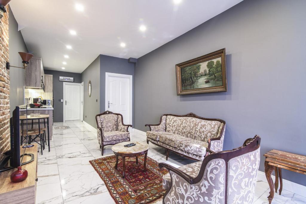 伊斯坦布尔Amazing Flat near Kennedy Avenue in Fatih的客厅配有两把椅子和一张沙发