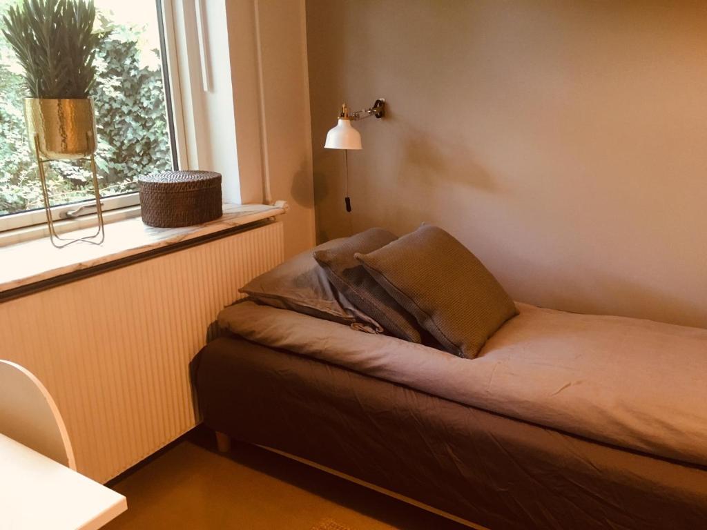 维比Villa med private værelser og delt køkken/badrum, centralt Viby sj的窗户和枕头的房间里一张床位