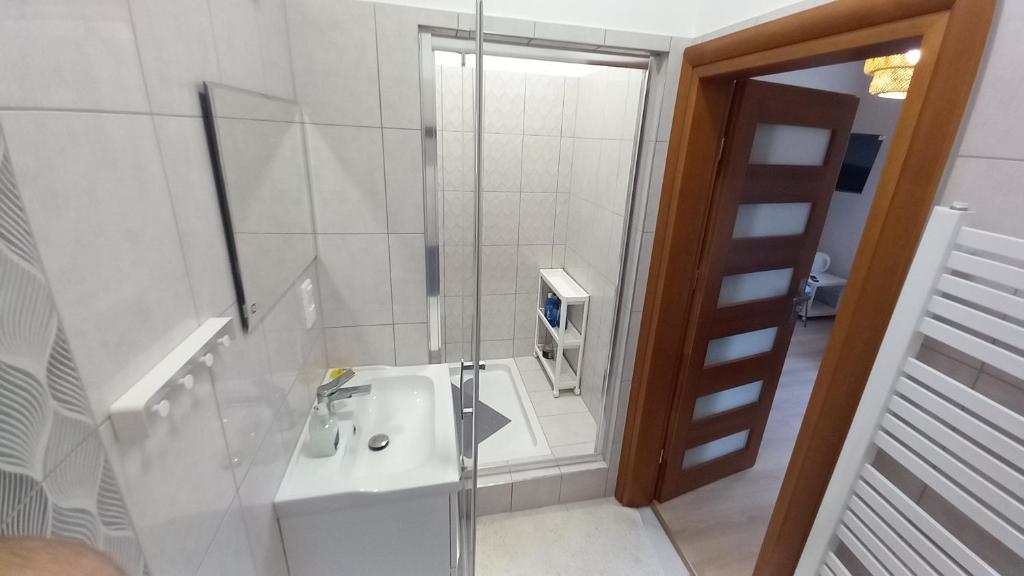 桑多梅日Pokoje gościnne Sandomierz的白色的浴室设有水槽和淋浴。