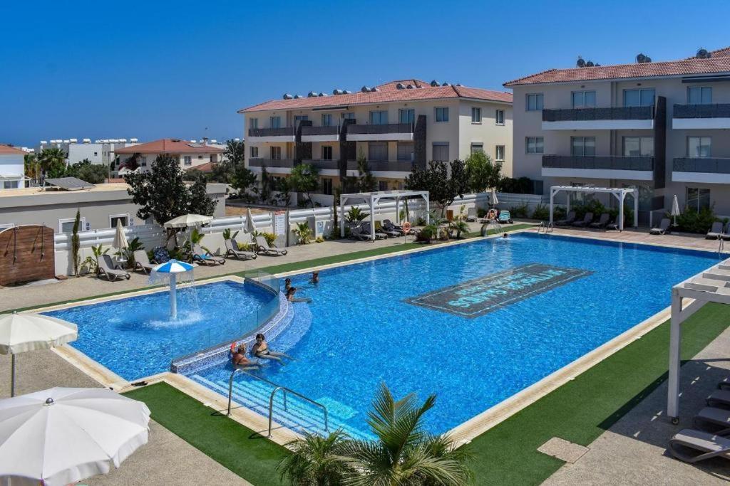 帕拉利米尼STAY Mediterranean Waves Apartment的一个大型游泳池,里面有人