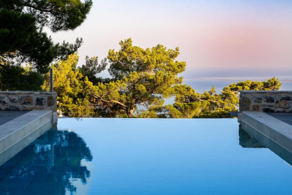 依拉佩特拉Villa K-Villa with private pool的一座种有树木的游泳池,一座背景海洋