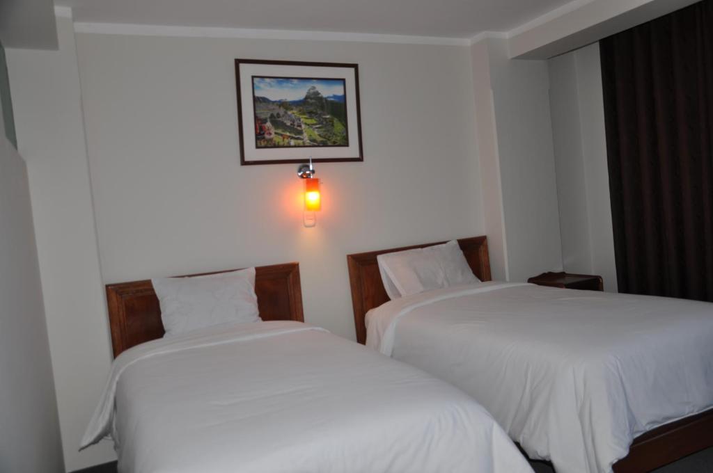普诺CESAR'S HOTEL PERU的酒店客房设有两张床,墙上挂着一张照片。