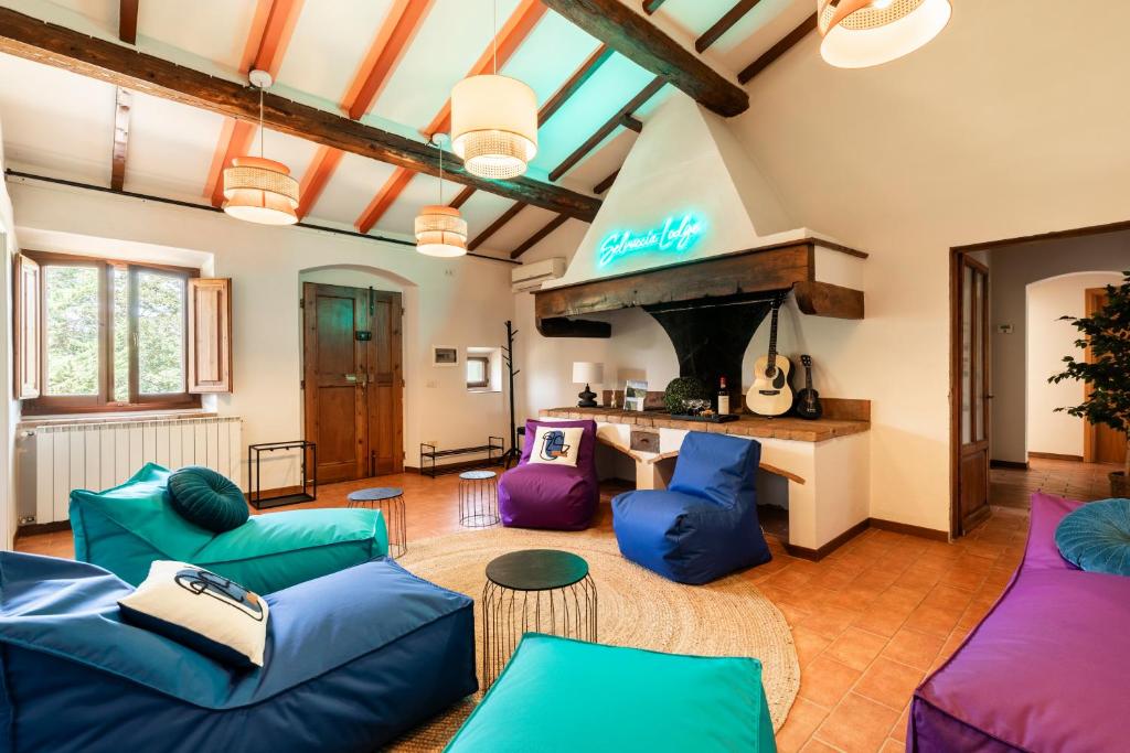 圣皮耶罗阿谢韦Selvuccia Lodge - Ostello Agricolo的客厅配有蓝色和紫色家具和壁炉