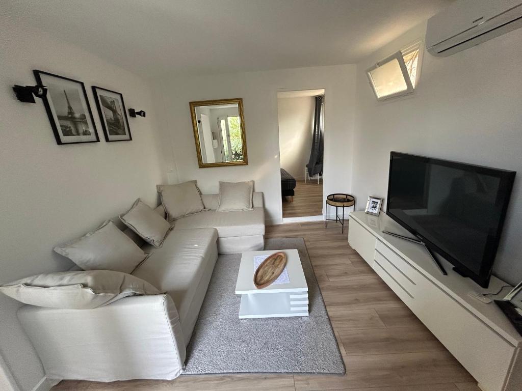 尼姆appartement quai de la Fontaine的客厅配有白色沙发和平面电视。