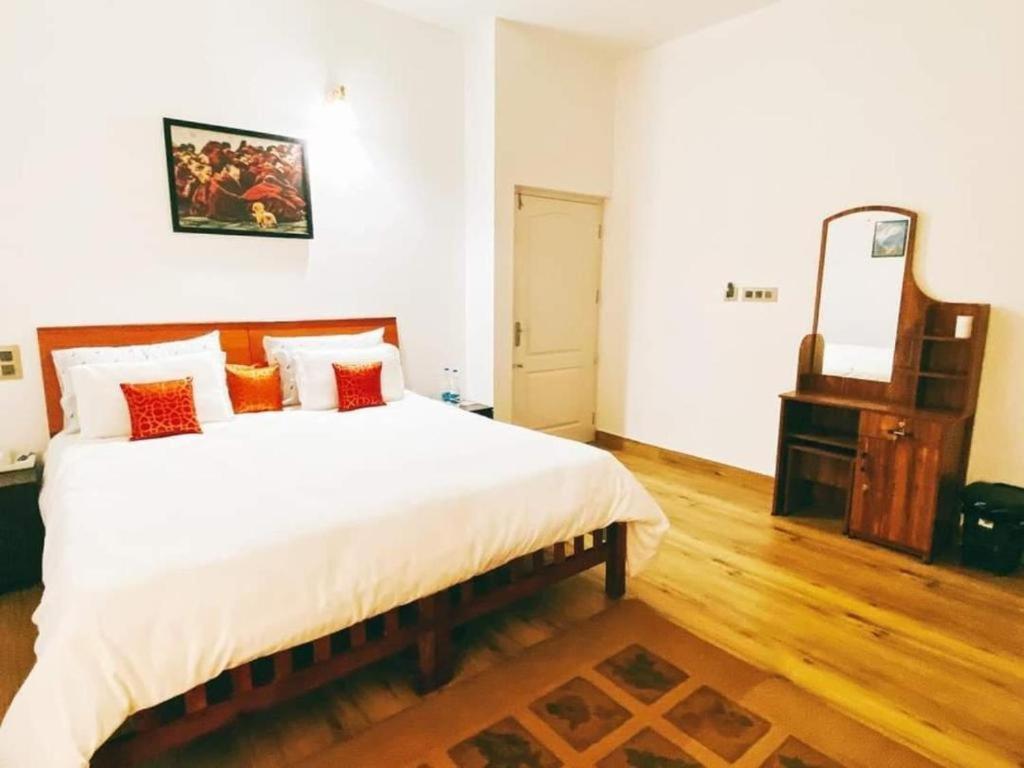 Fort KochiTess Holistay Fort Kochi的一间卧室配有一张大床和镜子