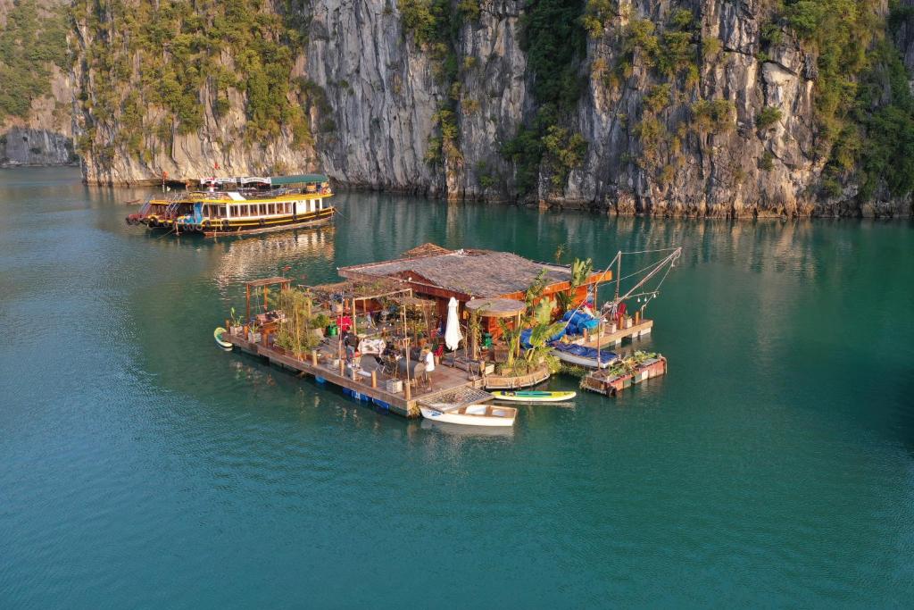 吉婆岛Lan Ha Floating Homestay的码头旁边的水域中的一群船