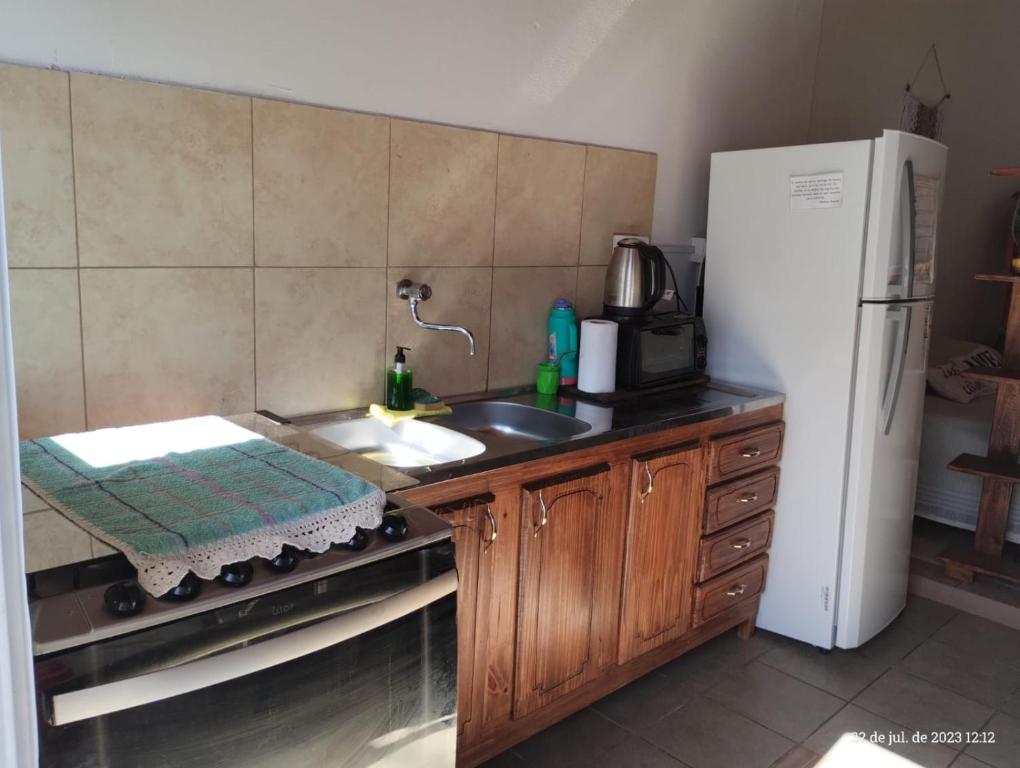 波萨达斯Departamento monoambiente hasta 4 personas- Maragus2的厨房配有水槽和白色冰箱