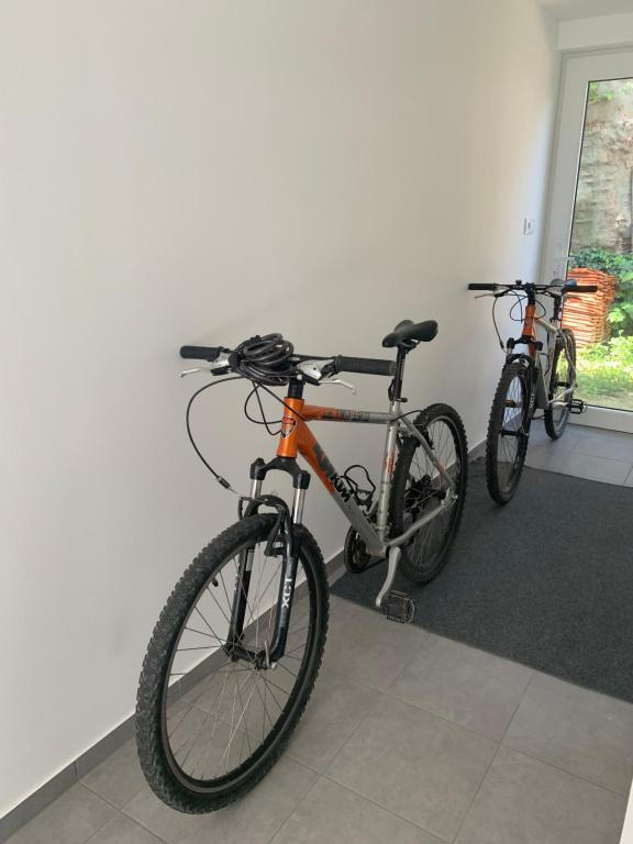 索普隆Sicomoro Casa的两辆自行车停在墙上