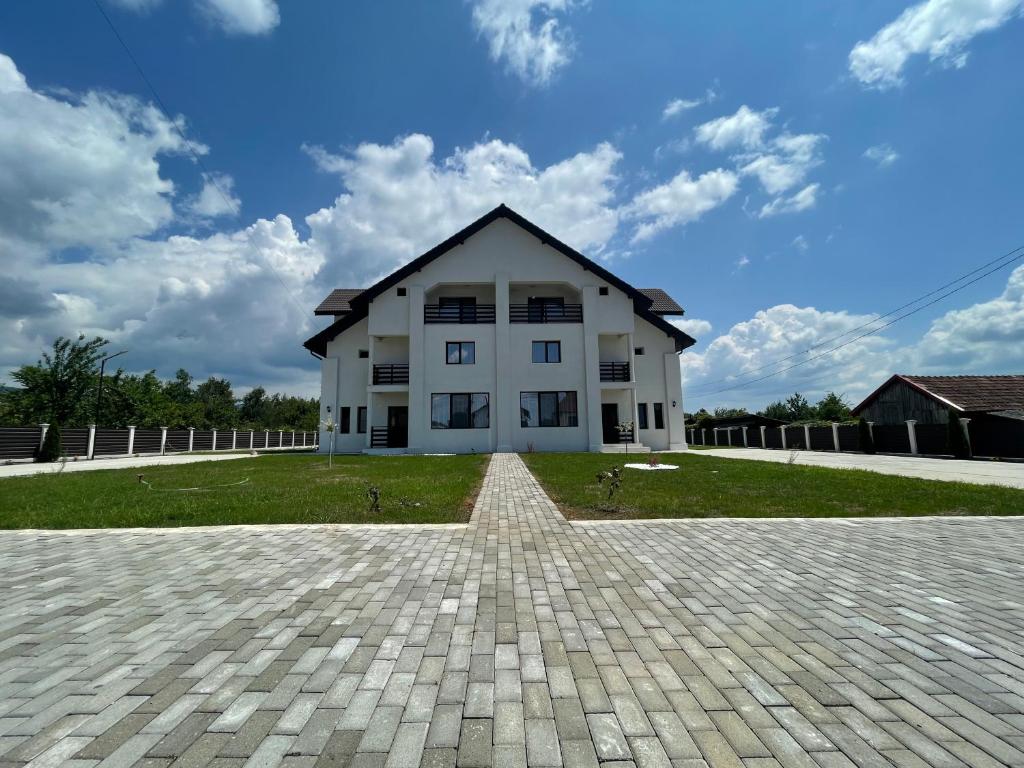 巴亚德菲耶尔La Scoabă的一座带砖瓦车道的大型白色房屋