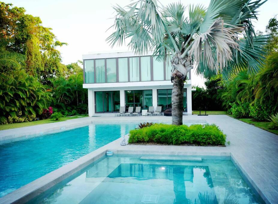多拉多Ultimate Beach Getaway, Luxury villa in Ritz-Carlton, Dorado 5 mins to Beach的棕榈树和游泳池的房子