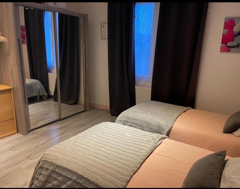 迪耶普Chambre julia chez l habitant lits séparés的一间卧室设有两张床和大镜子