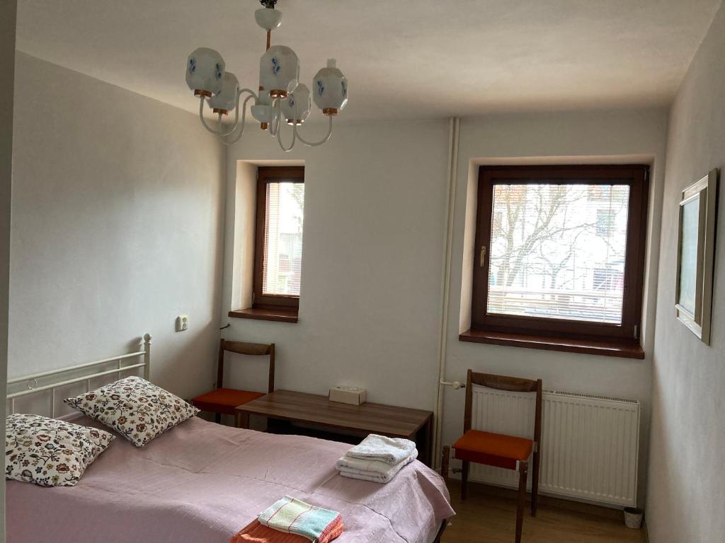 波普拉德U starkych的一间卧室配有一张床、一张桌子和两个窗户