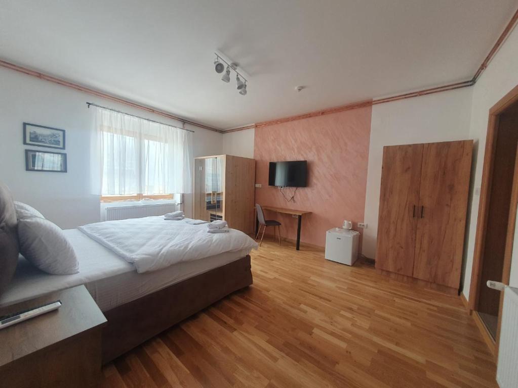 斯雷姆斯基卡尔洛夫奇Fruškogorski biser的一间卧室配有一张大床和一张书桌