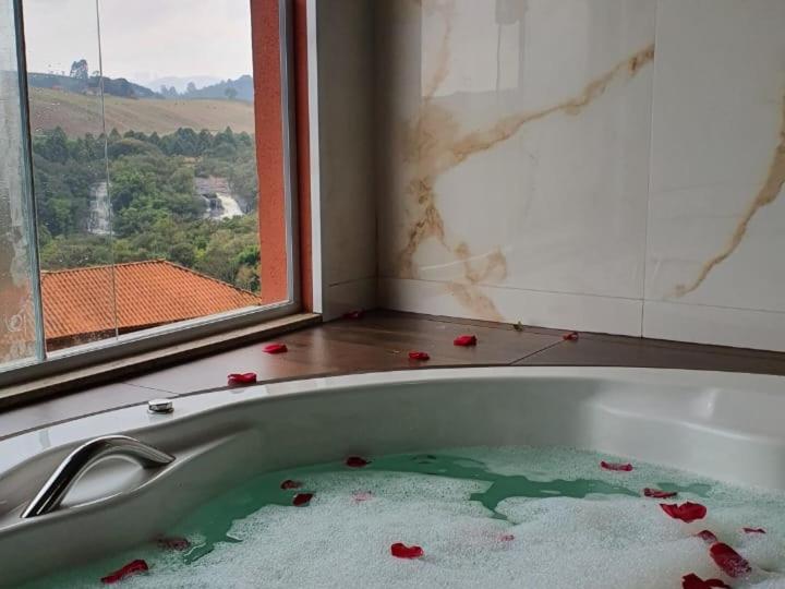 布埃诺布兰当Cachoeira dos Luis - Parque & Pousada的地板上设有带玫瑰浴缸的浴室