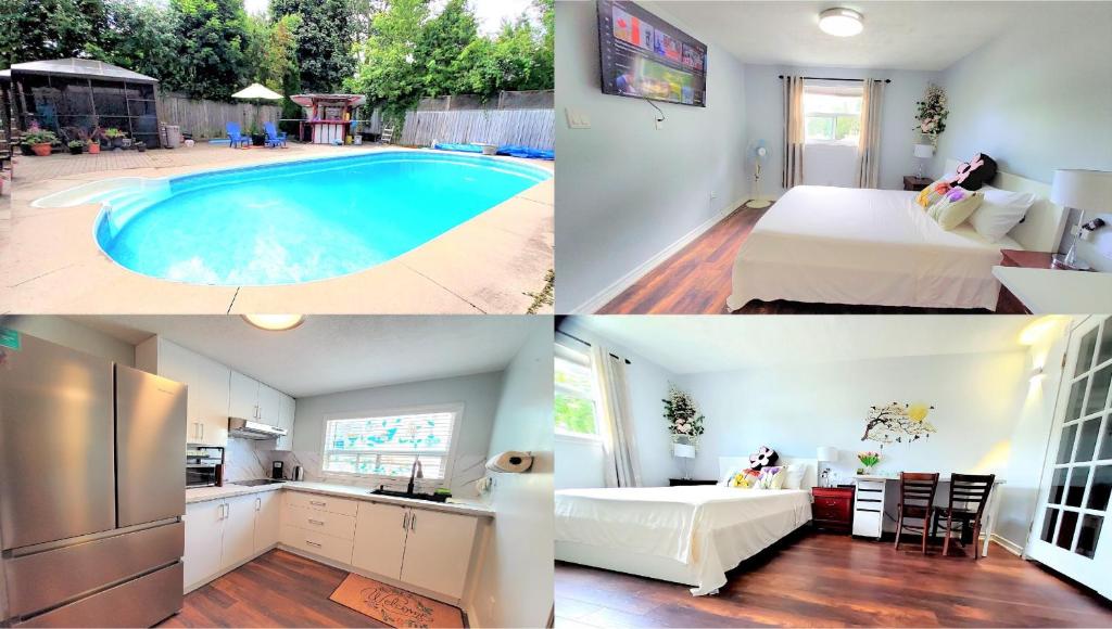 多伦多Cozy and quiet house with private swimming pool的厨房以及带游泳池的起居室。
