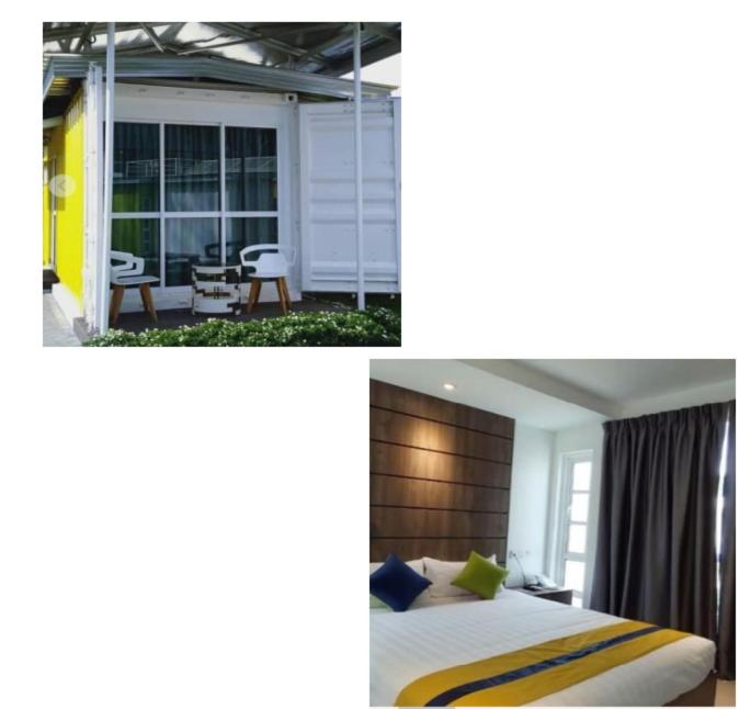波德申Solesor Kampong Beach Resort的卧室两张图片,卧室配有一张床和一个庭院