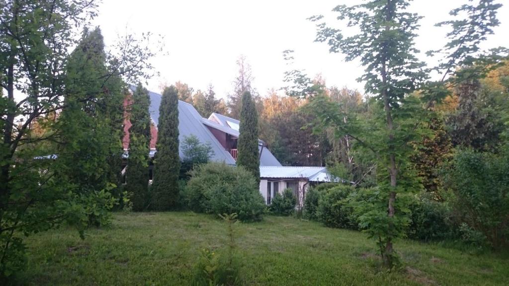 BurniszkiWynajem pokoi-Burniszki的一座树木繁茂的院子中的房子