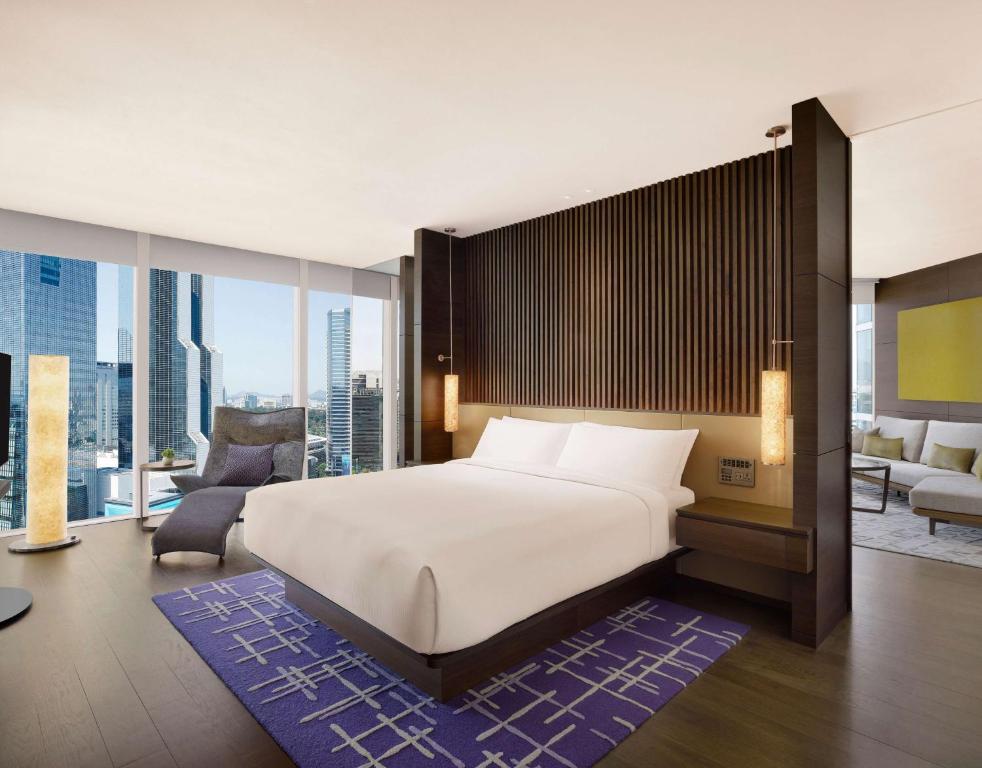 首尔首尔柏悦酒店的一间带大床的卧室和一间客厅