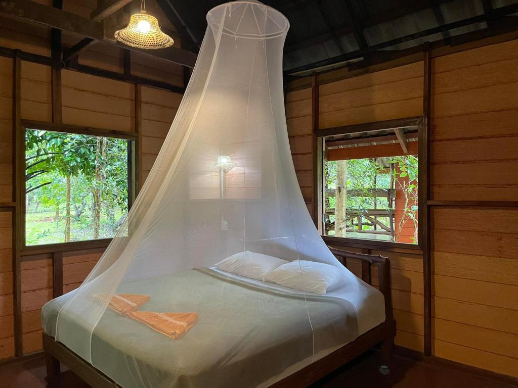 考索考索绿色山景度假村的一张床上的蚊帐