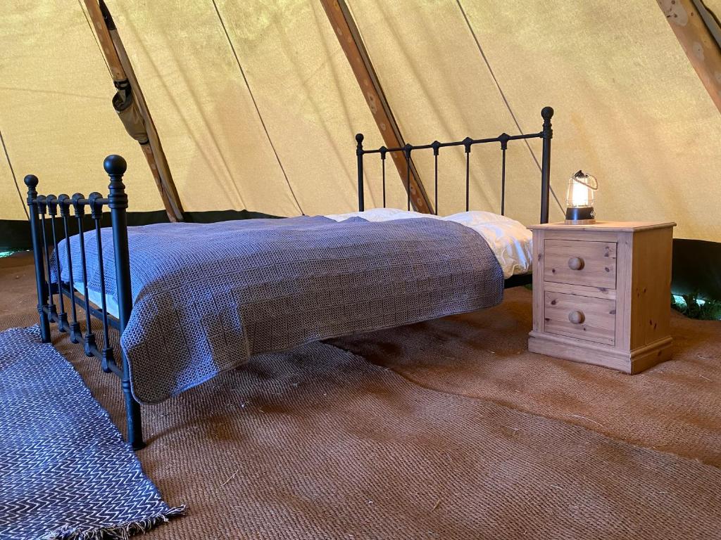 Stoke CanonDevon Tipi Camp And Glamp的帐篷内的一张床位,旁边设有床头柜