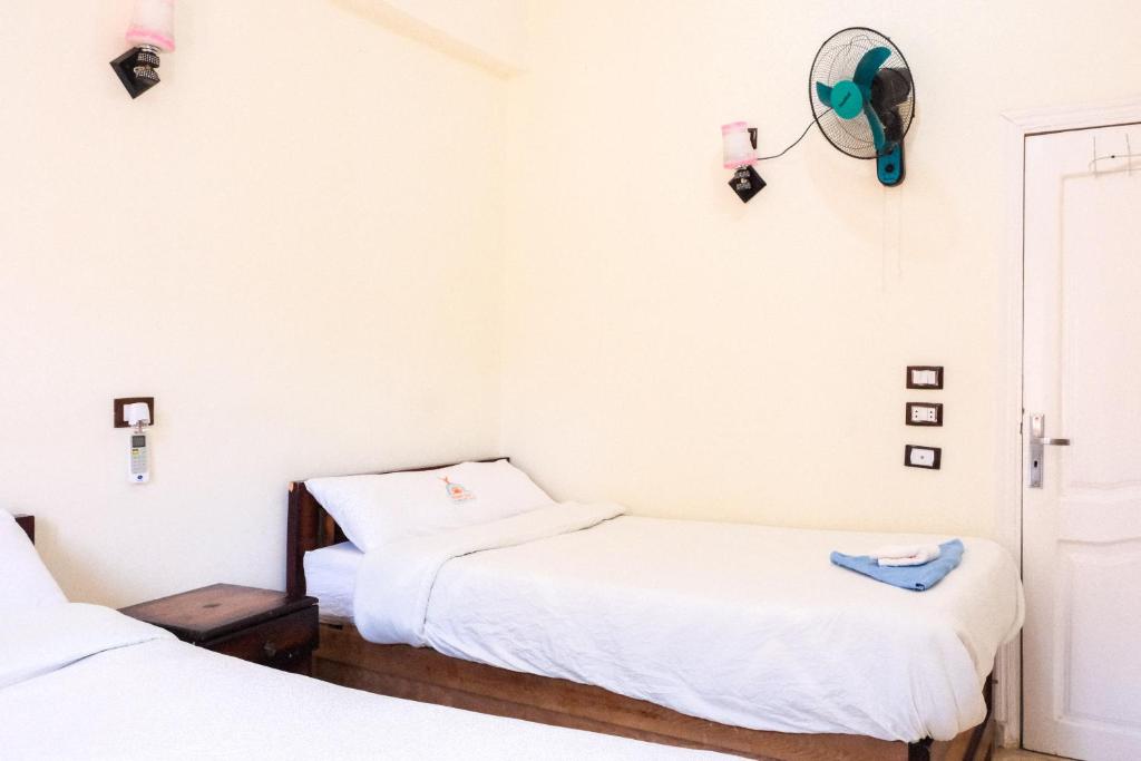 锡瓦Al-Manara Hostel Siwa Oasis的白色墙壁客房的两张床