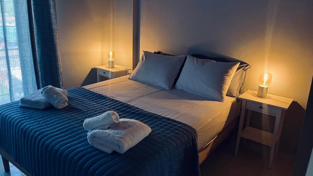 奈德里Thelxis Room的一间卧室配有一张床,上面有两条毛巾