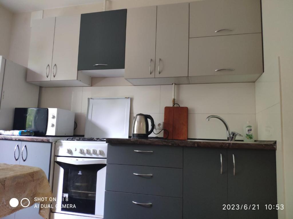 第聂伯罗Квартира на Агнии Барто的厨房配有白色橱柜和炉灶烤箱。