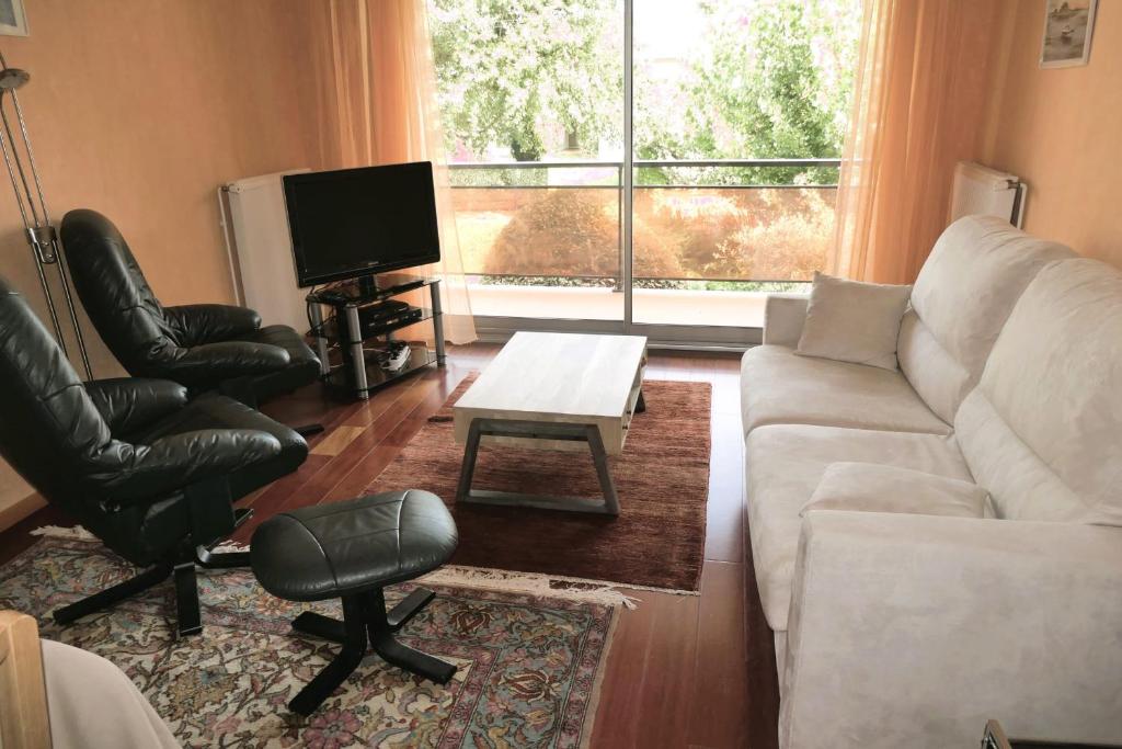 阿卡雄Cosy cocoon with terrace near the sea的客厅配有白色沙发和电视