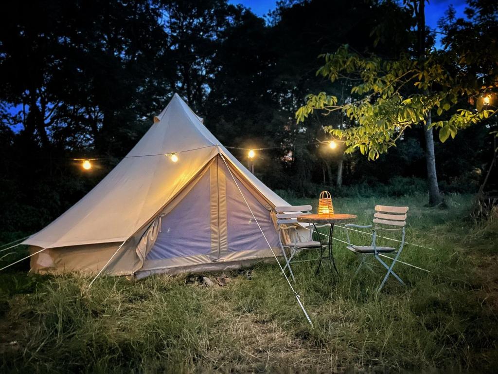 代因泽Tent 't Schaaphof的田野上带桌椅的帐篷