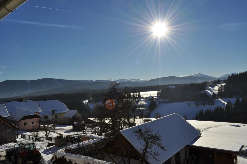 Vordergöriach哈斯霍夫民宿的天空中阳光灿烂的雪地村庄