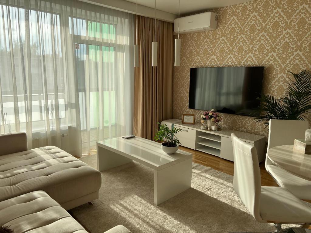 维尔纽斯Antakalnis 5 stars apartment的带沙发和电视的客厅