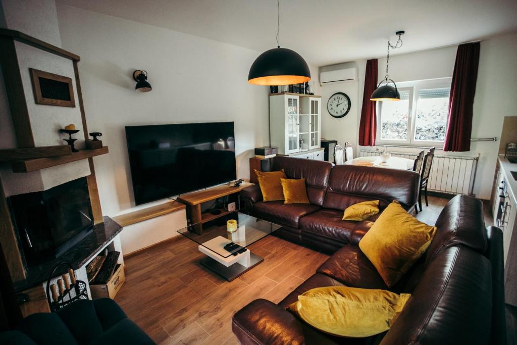Vila Odmor的客厅配有真皮沙发和平面电视
