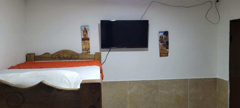 卡塔赫纳posada barrios mar的卧室配有一张床和壁挂式平面电视。