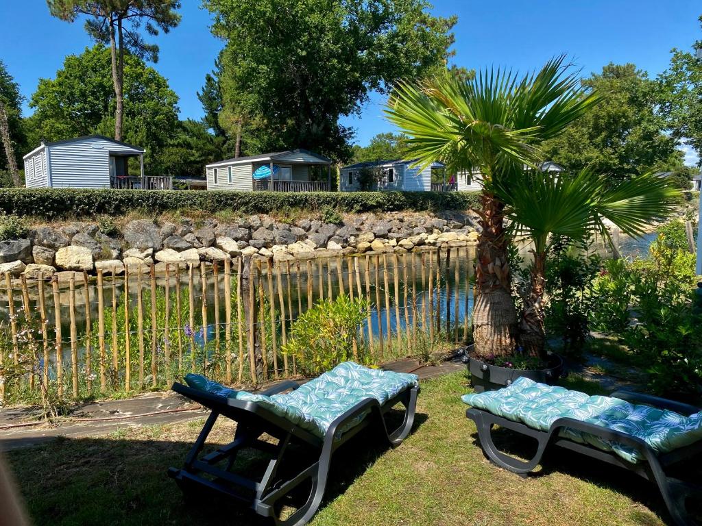 雷日卡普费雷Mobil home 3 chb tout confort, Espace Enfants - Claouey Cap Ferret的两把躺椅和一棵棕榈树,毗邻池塘