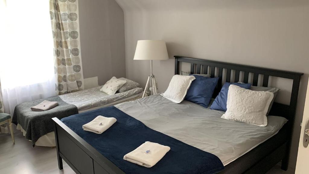 斯克伦达Skrunda Apartments Centrum的一间卧室配有两张带毛巾的床